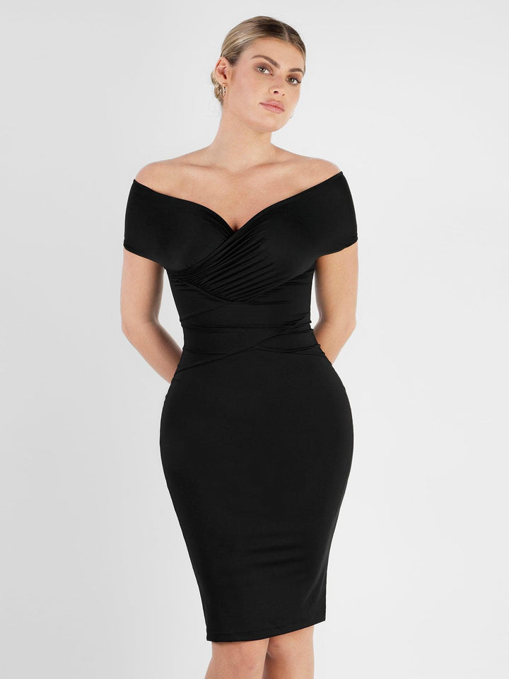 Built-In Shapewear Off Shoulder V-Neck Ruched Midi Dress