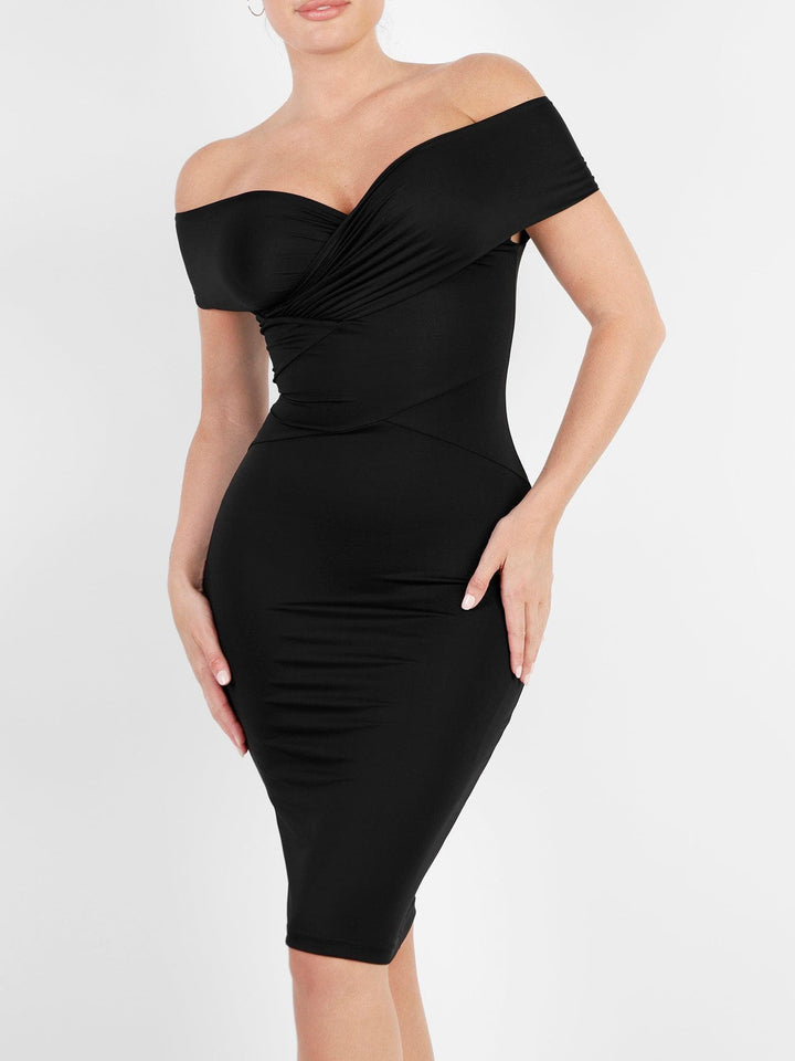 Built-In Shapewear Off Shoulder V-Neck Ruched Midi Dress