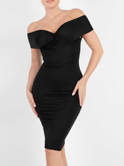 Built-In Shapewear Off Shoulder V-Neck Ruched Midi Dress