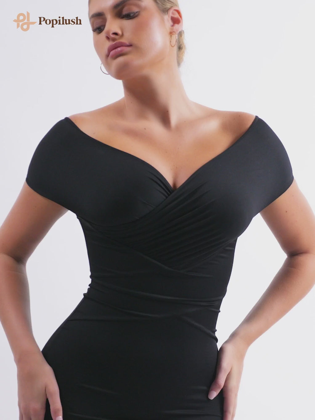 Built-In Shapewear Off Shoulder V-Neck Ruched Midi Dress